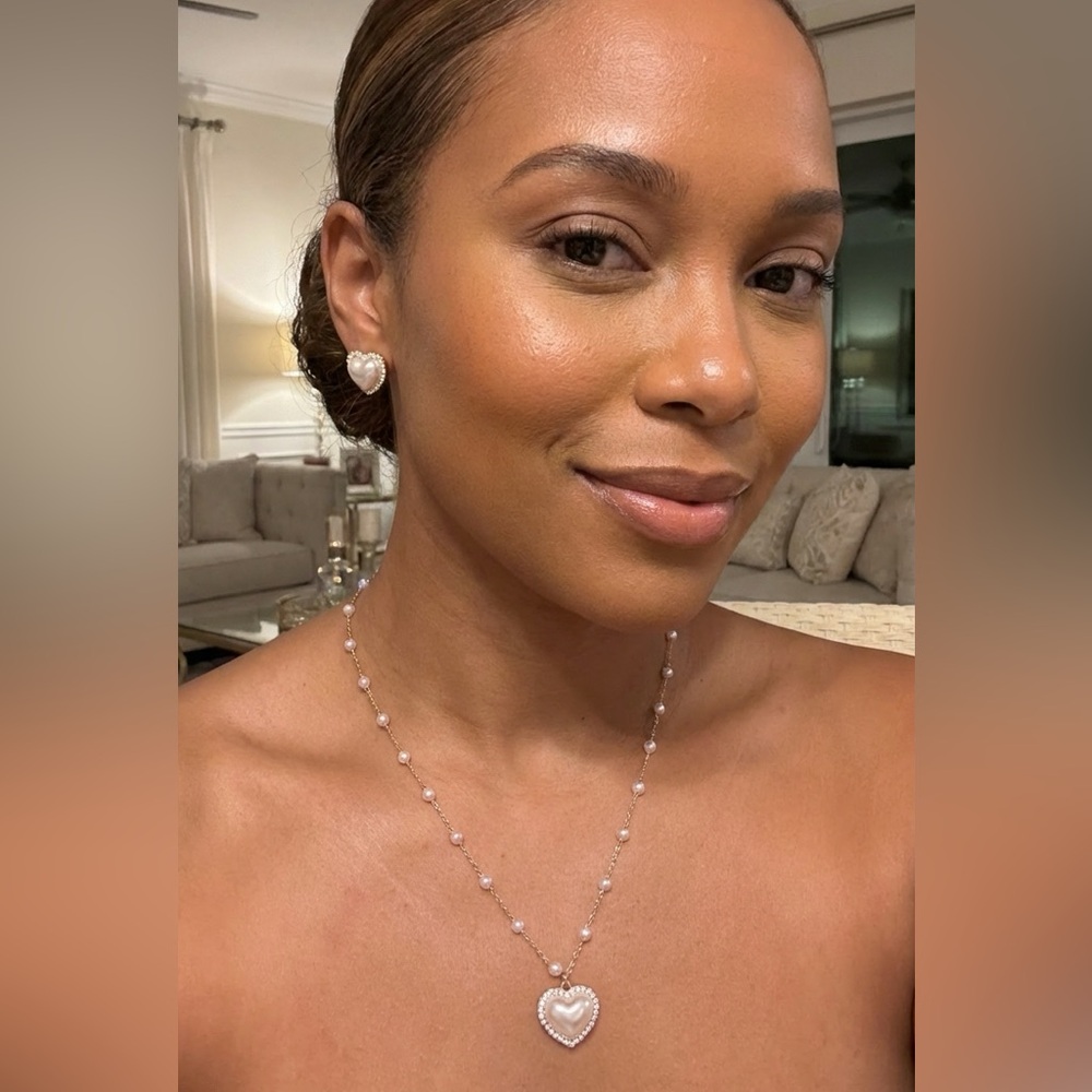 Pearl Beaded Heart Pendant Necklace & Stud Earrings Set
